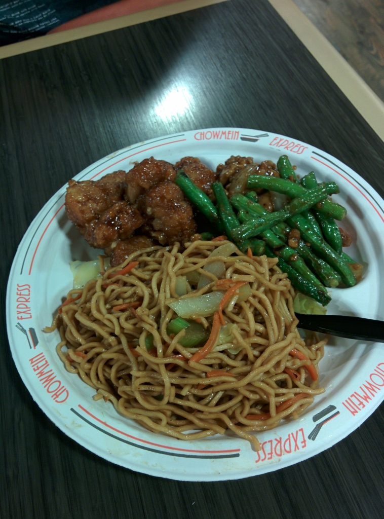 Lemon chicken, green beans with chicken, and chow mein.